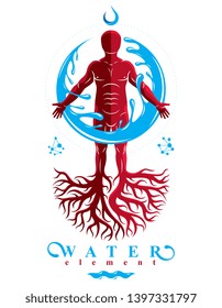 Vector graphic illustration of muscular human, individual created with tree roots and surrounded by a water ball. Human water reserves metaphor.
