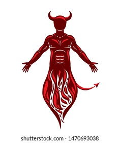 Vector graphic illustration of muscular human derives from fire. Mystic infernal demon, horned Lucifer, evil forces.