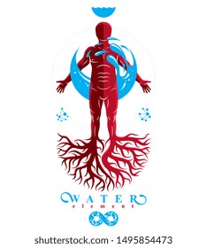 Vector graphic illustration of muscular human, individual created with tree roots and surrounded by a water ball. Human water reserves metaphor.