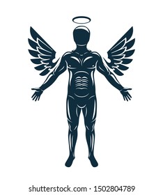 Vector graphic illustration of muscular human made using angelic bird wings and halo. Guardian angel.