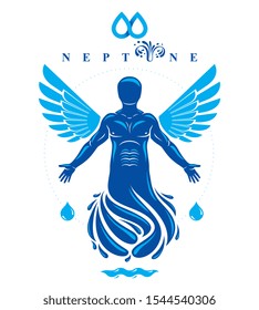 Vector graphic illustration of muscular human, individual made with bird wings. Pure water is free life, Poseidon the god of sea and defender of all waters.