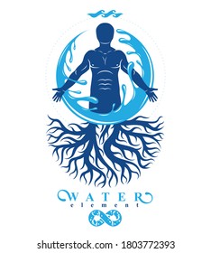 Vector graphic illustration of muscular human, individual created with tree roots and surrounded by a water ball. Human water reserves metaphor.