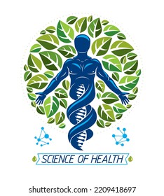 Vector graphic illustration of muscular human depicted as DNA symbol continuation and created with ecology tree leaves. Green thinking technology innovations, ecology conservation concept.