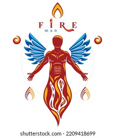 Vector graphic illustration of muscular human being created with bird wings. Human as the element of fire to support business spirit and corporate idea.