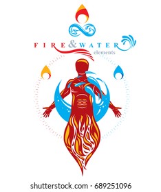 Vector graphic illustration of muscular human, mystic individual composed with limitless symbol created from water wave. Continuous human and nature harmony. 