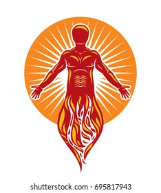 Vector graphic illustration of muscular human, self. The sun God fiery Ra, mystic ancient god metaphor.