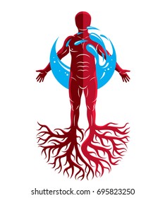 Vector graphic illustration of muscular human, individual created with tree roots and surrounded by a water ball. Body cleansing idea, alternative medicine theme picture.