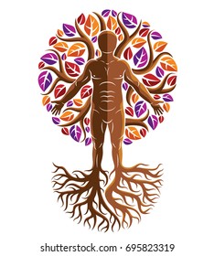 Vector graphic illustration of muscular human, self made using tree roots and surrounded with autumn leaves. Living in harmony with nature, environment protection concept.