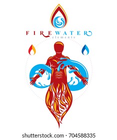 Vector graphic illustration of muscular human, mystic individual composed with limitless symbol created from water wave. Continuous human and nature harmony. 