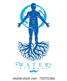 Vector graphic illustration of muscular human, individual created with tree roots and surrounded by a water ball. Human water reserves metaphor.