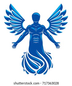 Vector graphic illustration of muscular human, individual made with bird wings. Pure water is free life, Poseidon the god of sea and defender of all waters.