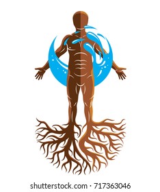 Vector graphic illustration of muscular human, individual created with tree roots and surrounded by a water ball. International world water day.