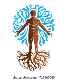 Vector graphic illustration of muscular human, individual created with tree roots and surrounded by a water ball. Body cleansing idea, alternative medicine theme picture.