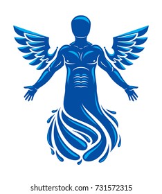 Vector graphic illustration of muscular human, individual made with bird wings. Pure water is free life, Poseidon the god of sea and defender of all waters.
