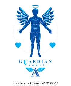 Vector graphic illustration of muscular human made using angelic bird wings and halo. Guardian angel.