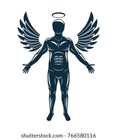 Vector graphic illustration of muscular human made using angelic bird wings and halo. Guardian angel.