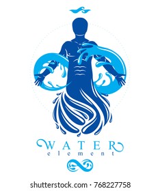 Vector graphic illustration of muscular human, personality and the symbol of limitless created from water wave. Pure water as the most important resource for human activity.