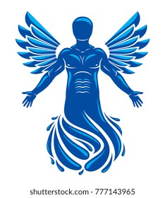 Vector graphic illustration of muscular human, individual made with bird wings. Pure water is free life, Poseidon the god of sea and defender of all waters.