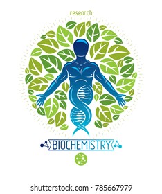 Vector graphic illustration of muscular human depicted as DNA symbol continuation and created with ecology tree leaves. Green thinking technology innovations, ecology conservation concept.