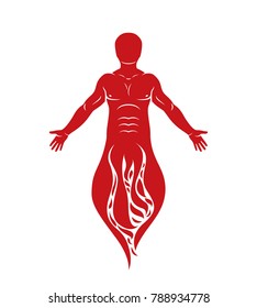 Vector graphic illustration of muscular human, self. The sun God fiery Ra, mystic ancient god metaphor.