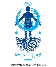 Vector graphic illustration of muscular human, individual created with tree roots and surrounded by a water ball. Human water reserves metaphor.