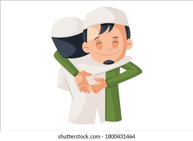 Vector graphic illustration. Muslim boys are hugging each other. Individually on white background.	