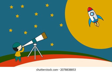 vector graphic illustration of Muslim children looking at the moon with a telescope, very suitable for children's book covers