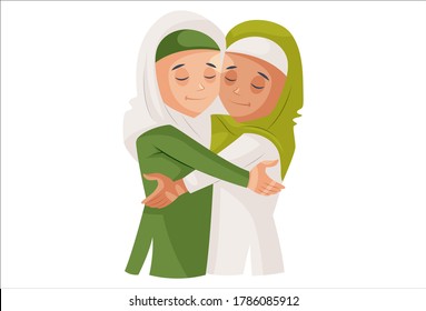 Vector graphic illustration. Muslim ladies are hugging each other. Individually on white background.	