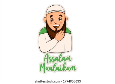 Vector graphic illustration of a Muslim man. Assalamualaikum is a greeting in Muslim people that means "Peace be upon you". Individually on a white background.