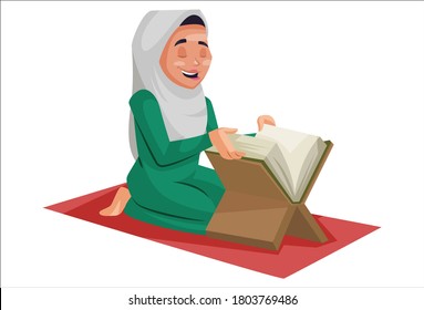 Vector graphic illustration. Muslim woman is reading the Quran. Individually on white background.	