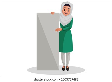 Vector graphic illustration. Muslim woman is holding an empty board in her hands. Individually on white background.	