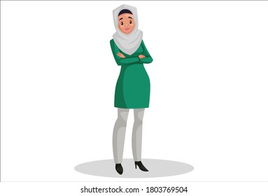 Vector graphic illustration. Muslim woman is standing. Individually on white background.	