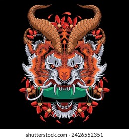 Vector graphic illustration of mythical tiger with cherry blossoms isolated on dark background suitable for t-shirt design
