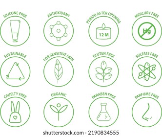 Vector graphic illustration of Natural and organic cosmetic green line icons 12 set, clean cosmetic, non toxic, safe for children, organic, all skin type, etc