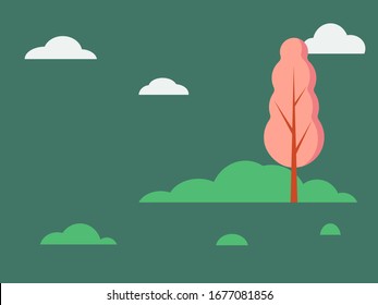 Vector graphic illustration of nature landscape with pink tree bushes shrubs grass on dark green background. Urban recreation zones parks. Template for smartphone apps