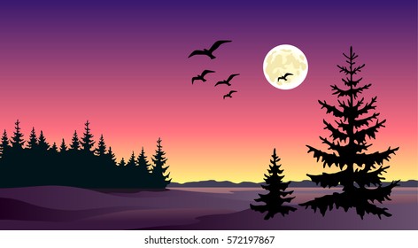 vector graphic illustration of a night landscape in alarming colors.
the image of silhouettes of the forest, trees, full moon and flying birds.