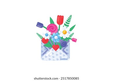 Vector graphic illustration of nosegay blooming out from an envelope in a vibrant solid cartoon style. Delightful mix of flowers and green leaves. Present for various occasions such as birthday