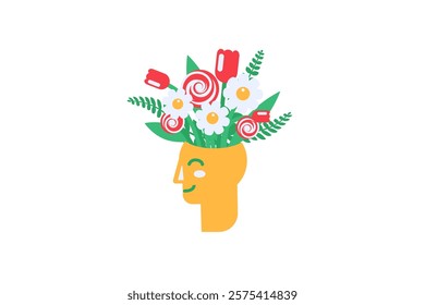 Vector graphic illustration of nosegay blooming out from head in solid cartoon style. Happy and joyful state of mind. Delightful mix of flowers and green leaves. Psychology and mood icon. Various occa