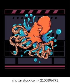 vector graphic illustration of octopus and splashes of water, on a modern geometric background, perfect for t-shirts, jackets, clothing, merchandise designs.