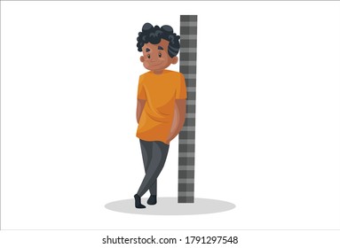 Vector graphic illustration. Office boy is standing with a poll. Individually on a white background.