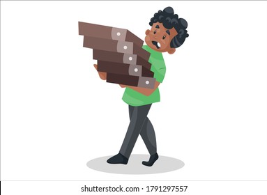 Vector graphic illustration. Office boy is holding files in hands. Individually on a white background.