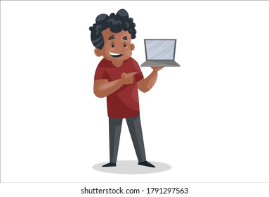 Vector graphic illustration. Office boy is holding a laptop in hand. Individually on a white background.