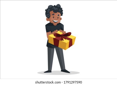 Ilustración gráfica vectorial. Un chico de oficina está sosteniendo una caja de regalo en sus manos. Individualmente sobre un fondo blanco.
