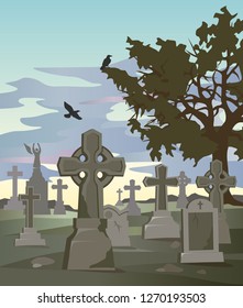 Vector graphic illustration of an old cemetery in the evening.
The image of graves, funeral crosses, a tree with a crow sitting on a branch against the evening sky.