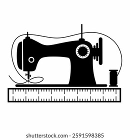 Vector graphic illustration of an old fashioned sewing machine with thread, and measuring ruler. Symbolizing creativity, skill and sewing equipment on a white background.