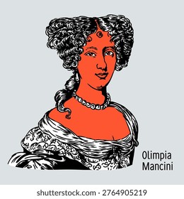 Vector graphic illustration of Olimpia Mancini (1638–1708), the famous niece of Cardinal Mazarin. Modern stylized portrait in bold red and black, capturing her iconic Baroque hairstyle and elegance