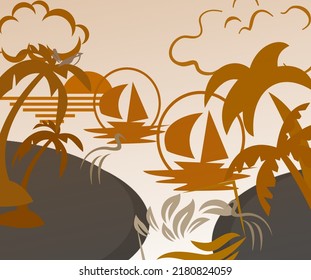 Vector graphic illustration on a beach towards the evening the fishermen had begun to dock to rest