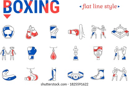 Vector graphic illustration on a white background. Concept icon in linear design. Combat sport. Boxing. Training, competition. Training equipment.  Symbol, sign, logo, emblem.