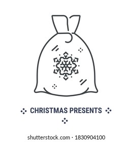 Vector graphic illustration on a white background. Concept icon in linear design. Santa Claus sack. Symbol, sign, logo, emblem.