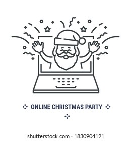 Vector graphic illustration on a white background. Concept icon in linear design. Online Christmas party. Symbol, sign, logo, emblem.